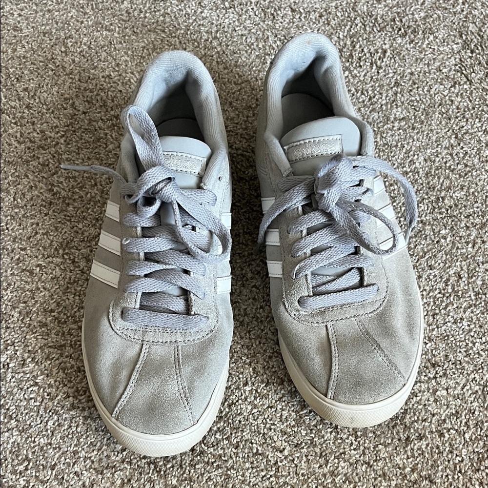 adidas Women's Light Gray Suede Sneakers with White Stripes